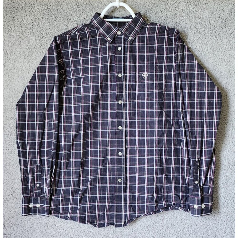 Ariat Pro Series Navy Blue Plaid Long Sleeve‎ Button Down Shirt Youth Size XL 18